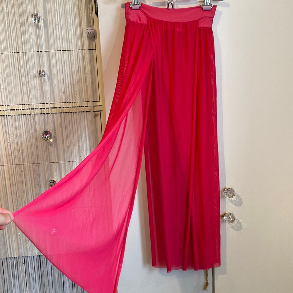 Pink Sheer Mesh Slit Bathing Suit Cover Up Skirt